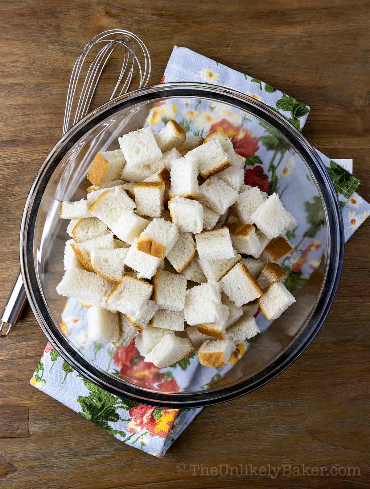 Cubed bread in a bowl.