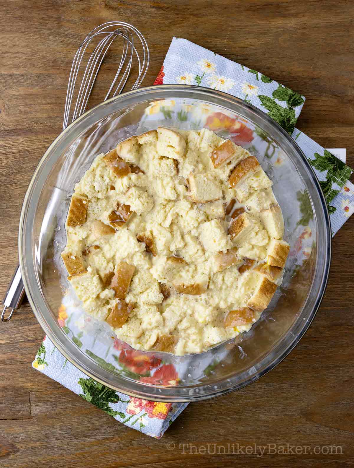 Bread and custard in a bowl.