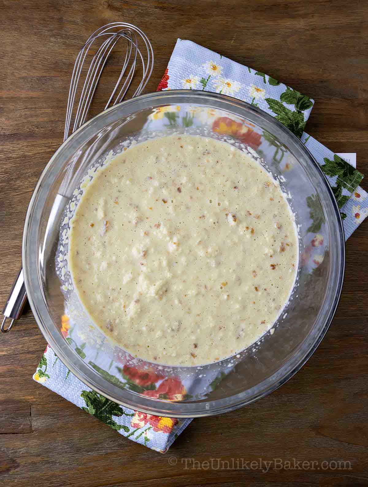 Bread pudding mixture in a bowl.