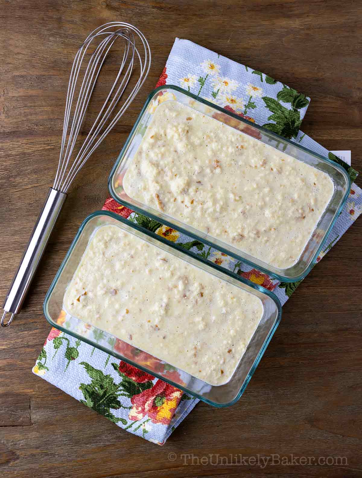 Bread pudding custard mixture in baking dish.