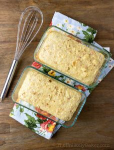 Freshly baked Filipino bread pudding in baking dish.