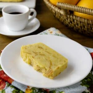 A slice of Filipino bread pudding on a plate.