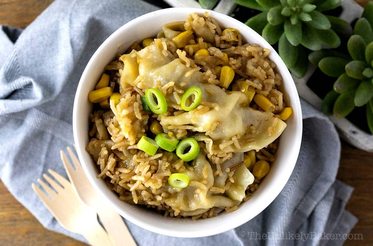 Mandu dumpling rice bowl with green onions.