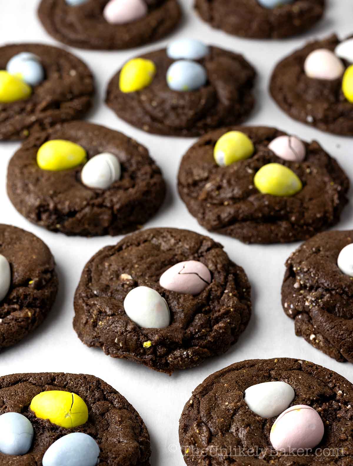 Mini egg cookies on a pan.