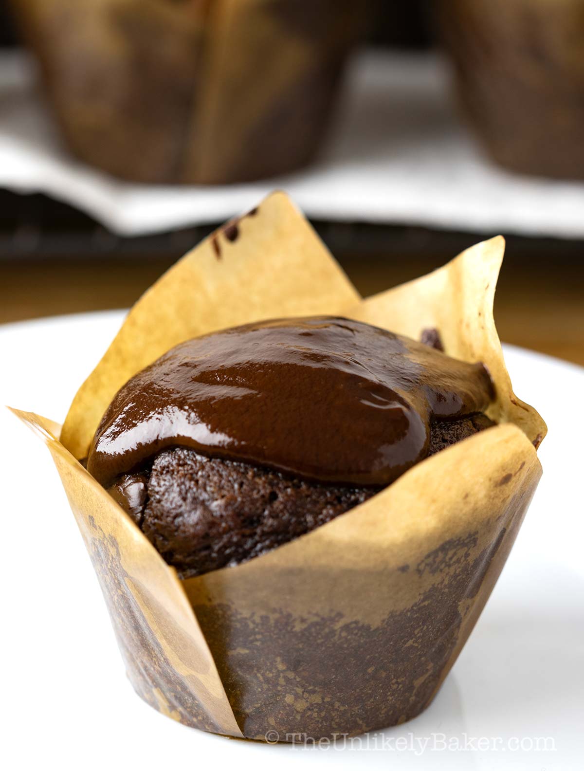 Chocolate muffin with chocolate ganache.