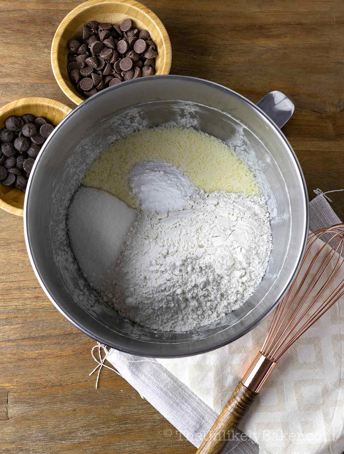 Dry ingredients added to egg mixture.