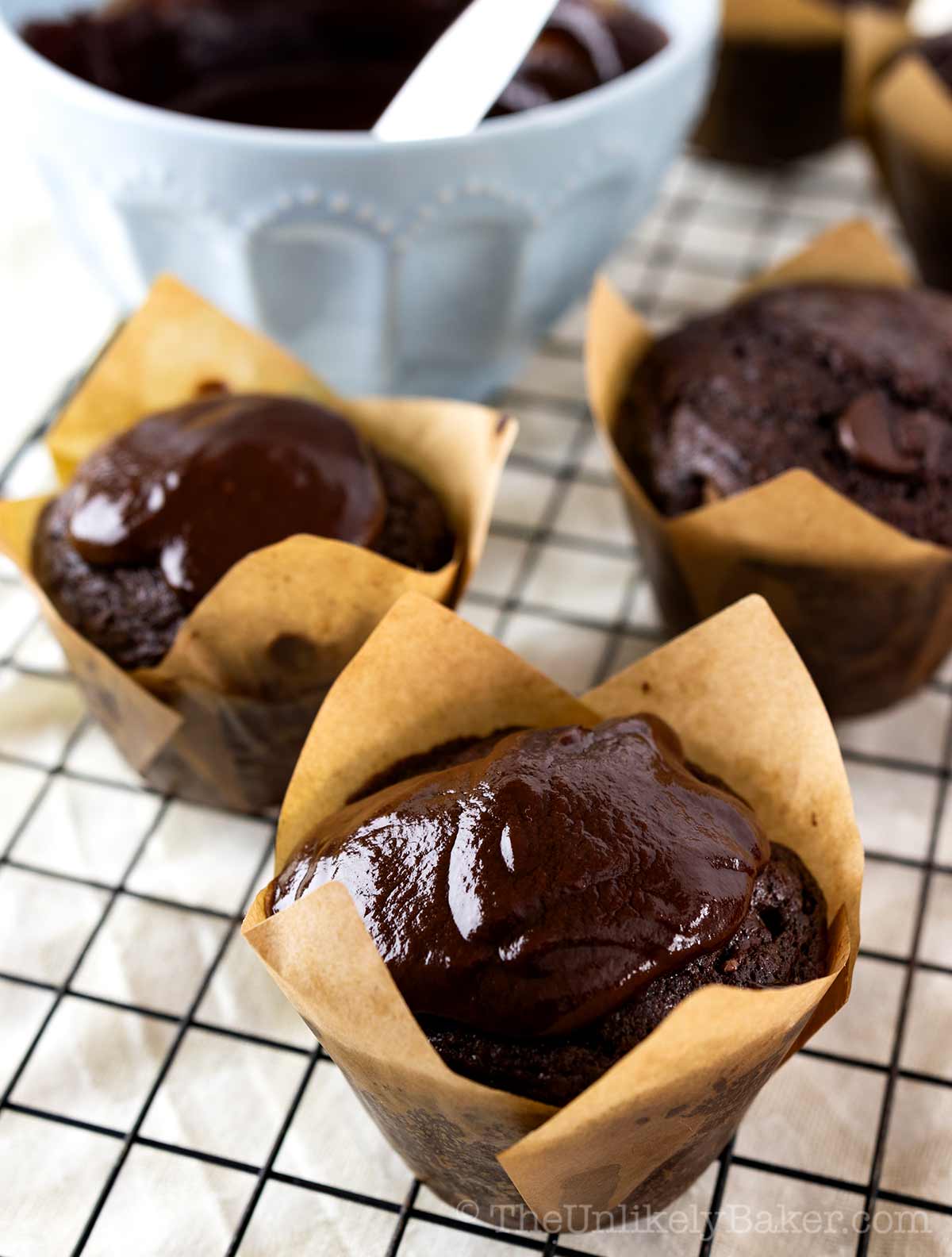 No butter chocolate muffins with chocolate ganache.