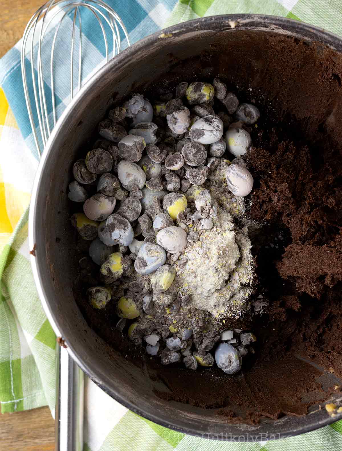 Chopped mini eggs added to dough.