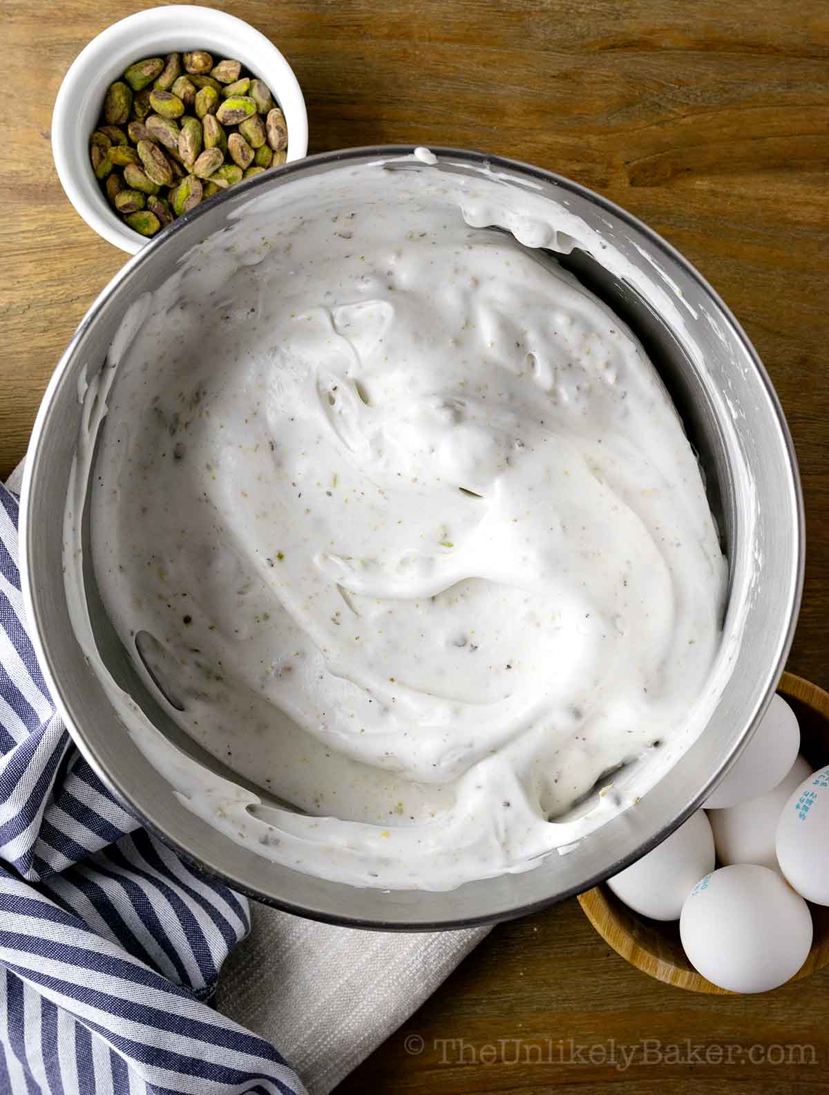 Pistachio meringue in a bowl.