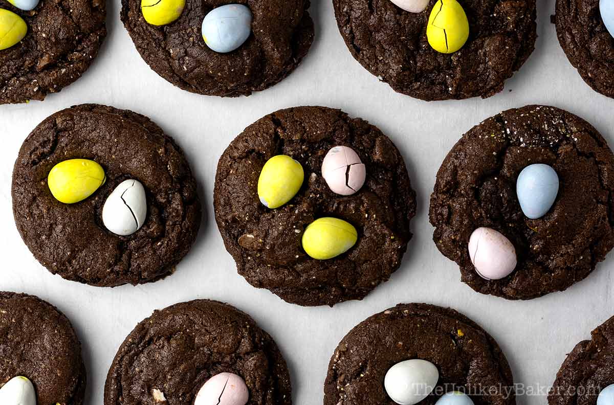 Chocolate cookies with mini eggs.