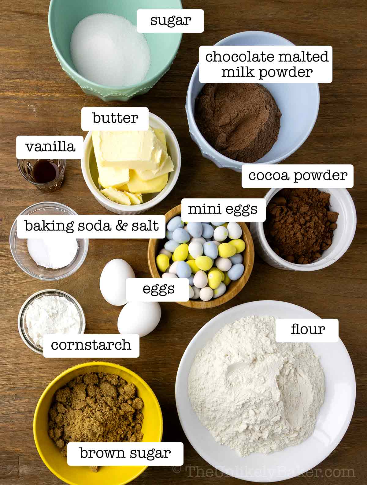 Ingredients for mini egg chocolate cookies with text overlay.