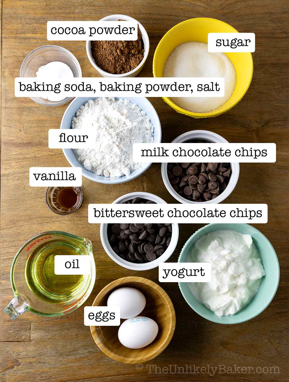 Ingredients for triple chocolate muffins with text overlay.