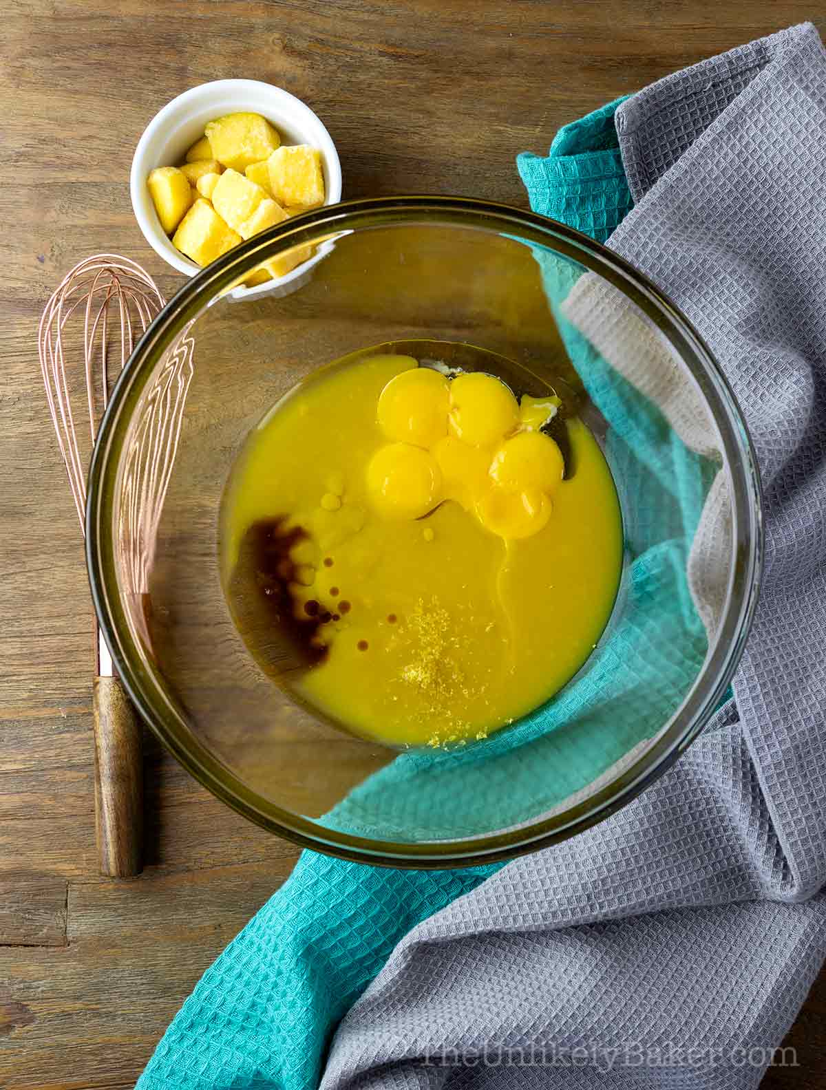 Wet ingredients in a bowl.