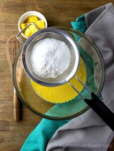 Dry ingredients sifted into wet ingredients.