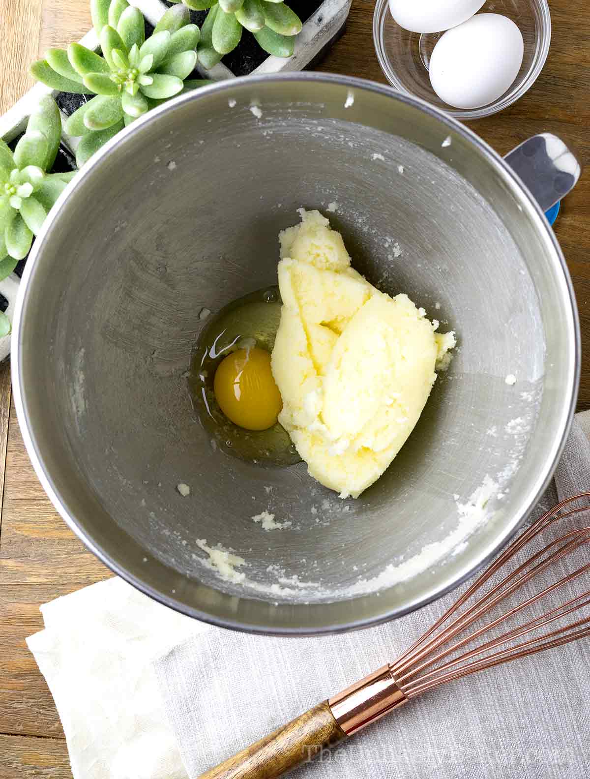 Eggs added to creamed butter.