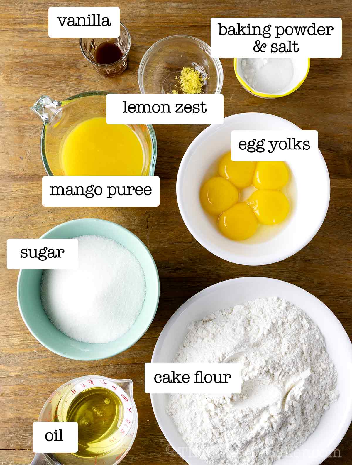 Ingredients for chiffon cake layers with text overlay.