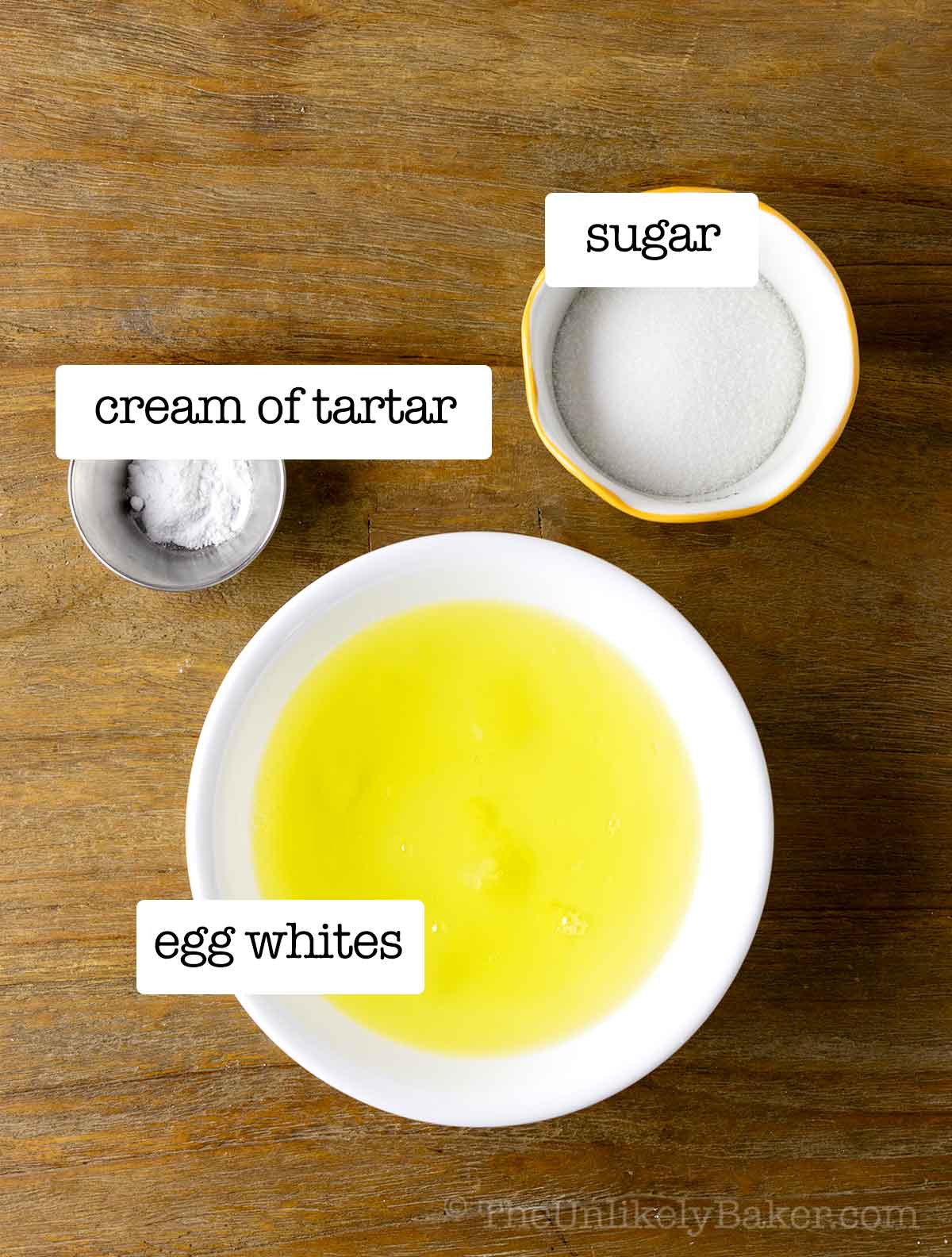 Ingredients for meringue with text overlay.