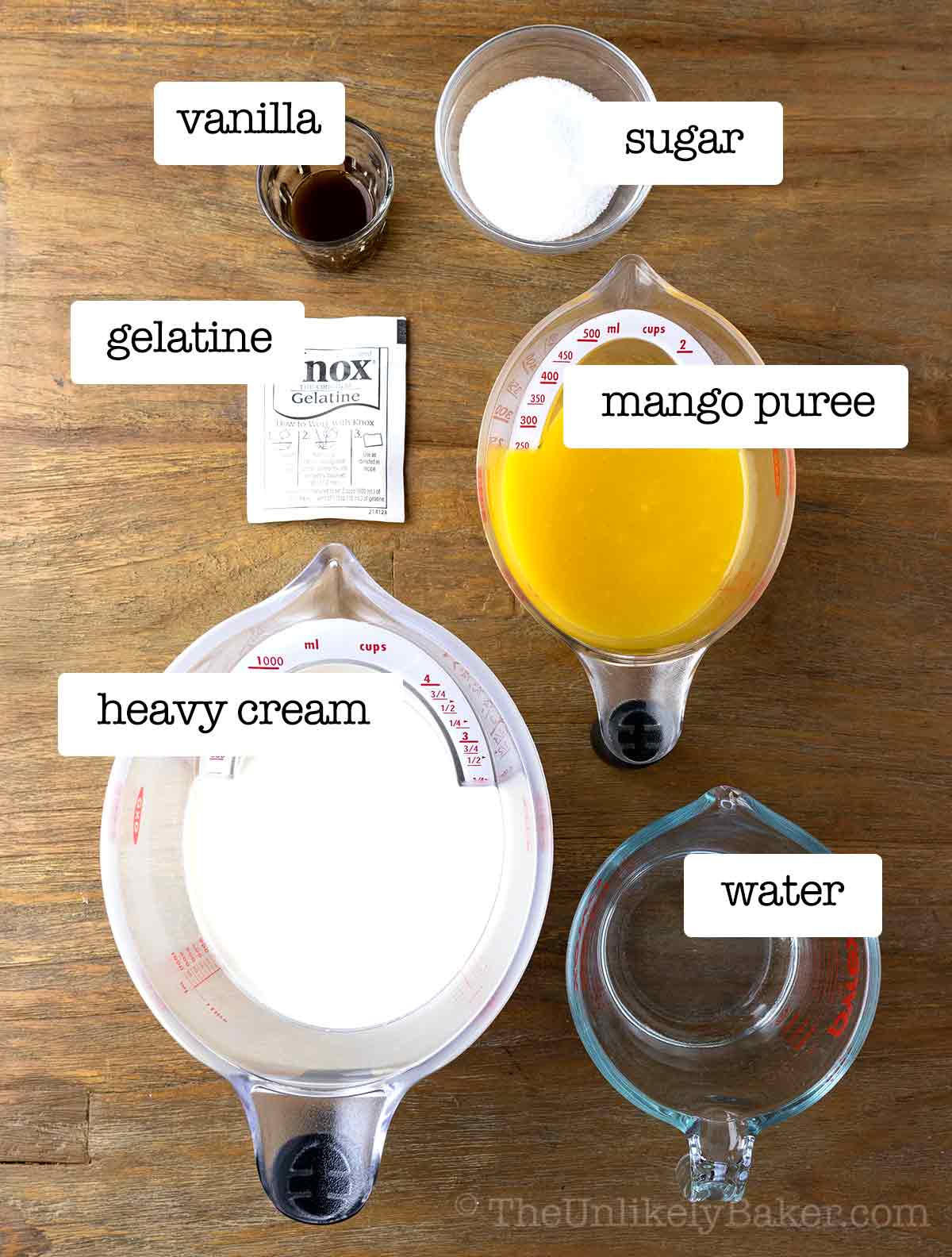 Ingredients for whipped mango cream frosting with text overlay.