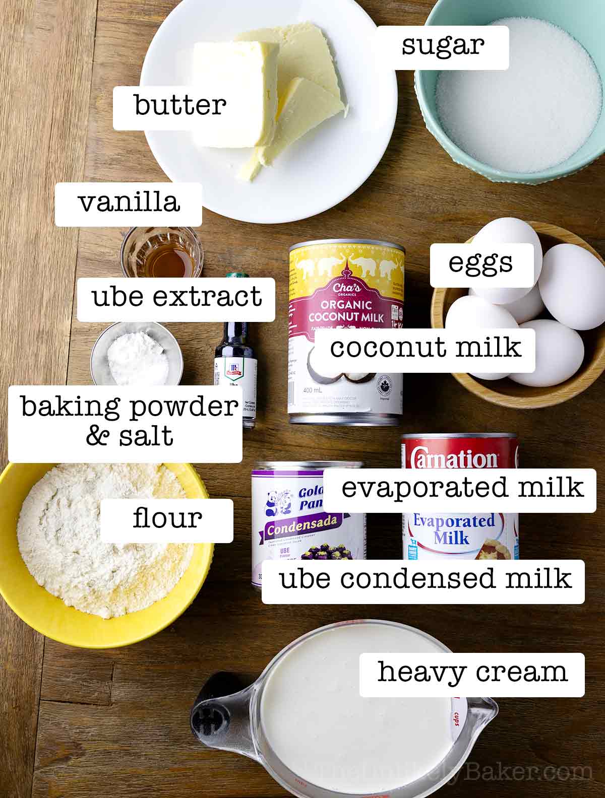 Ingredients for ube tres leches cake recipe with text overlay.