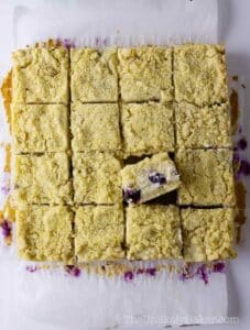Freshly baked blueberry cream cheese crumble bars.