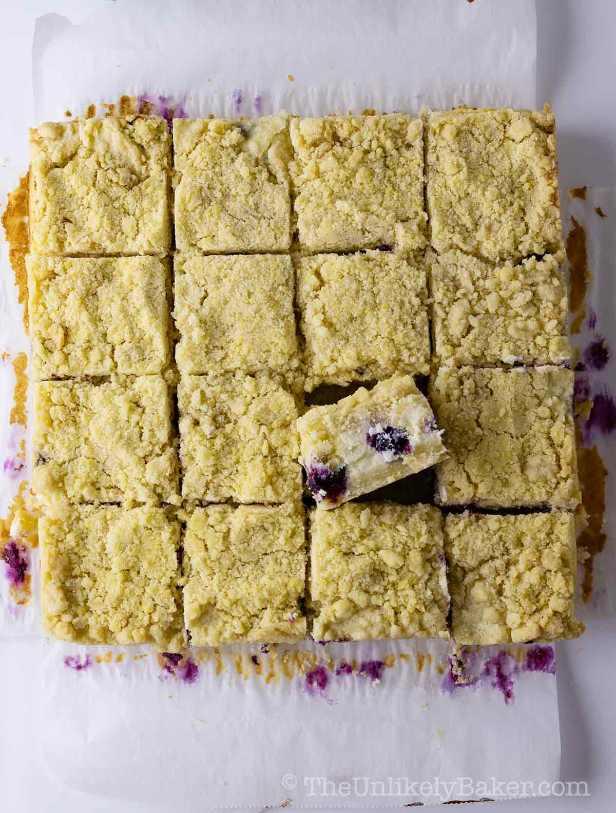 Freshly baked blueberry cream cheese crumble bars.
