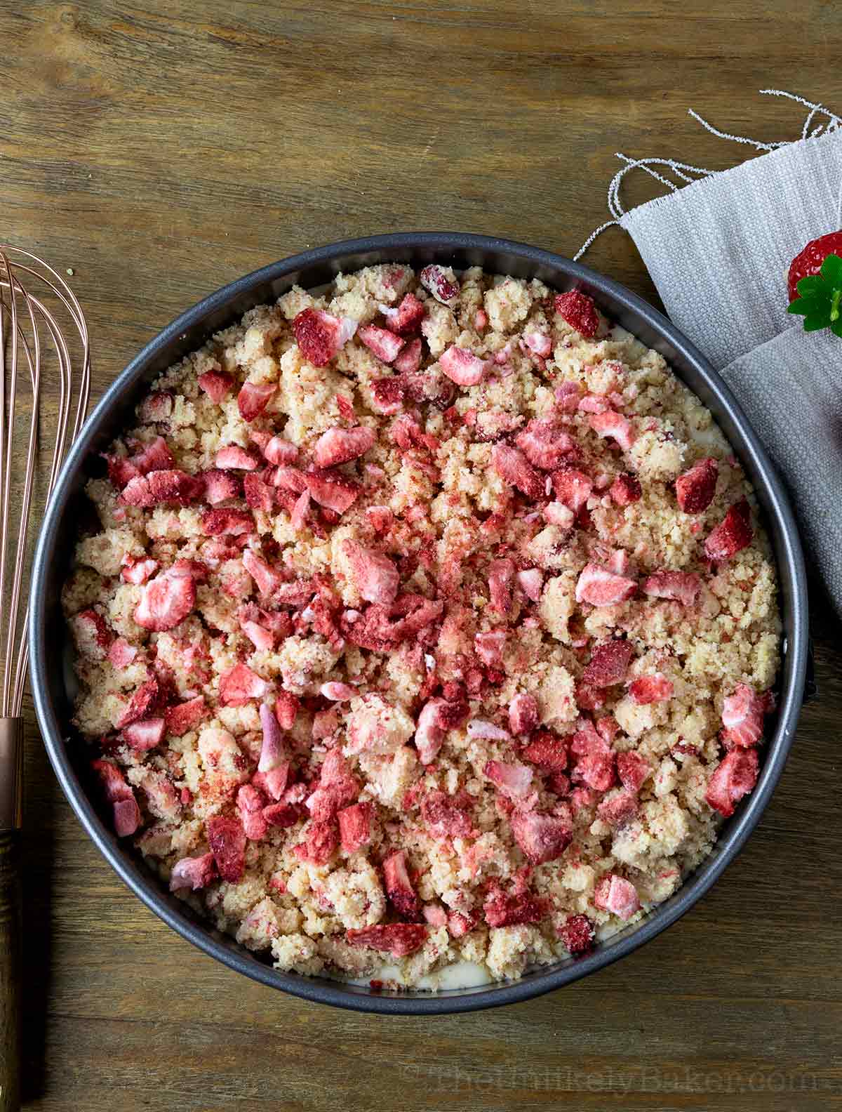 Strawberry crunch topping ready for the oven.
