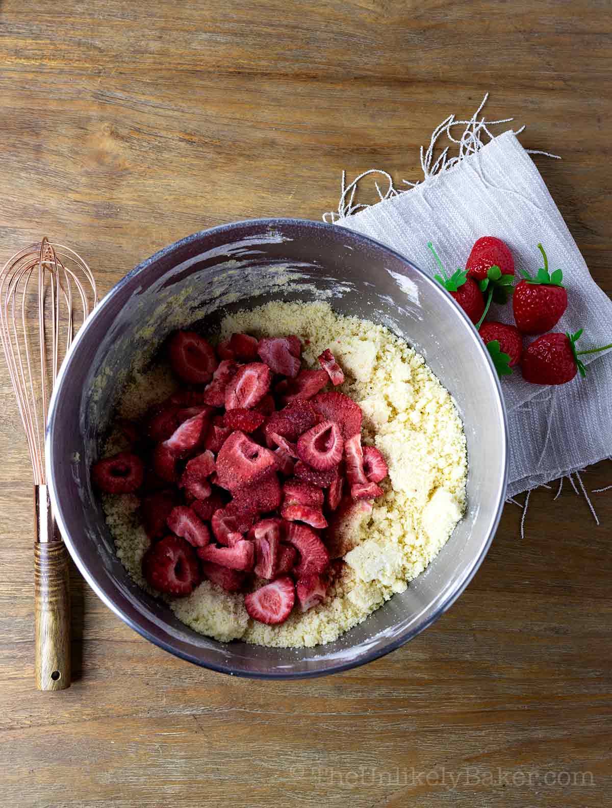 Freeze-dried strawberries added to crust mixture.