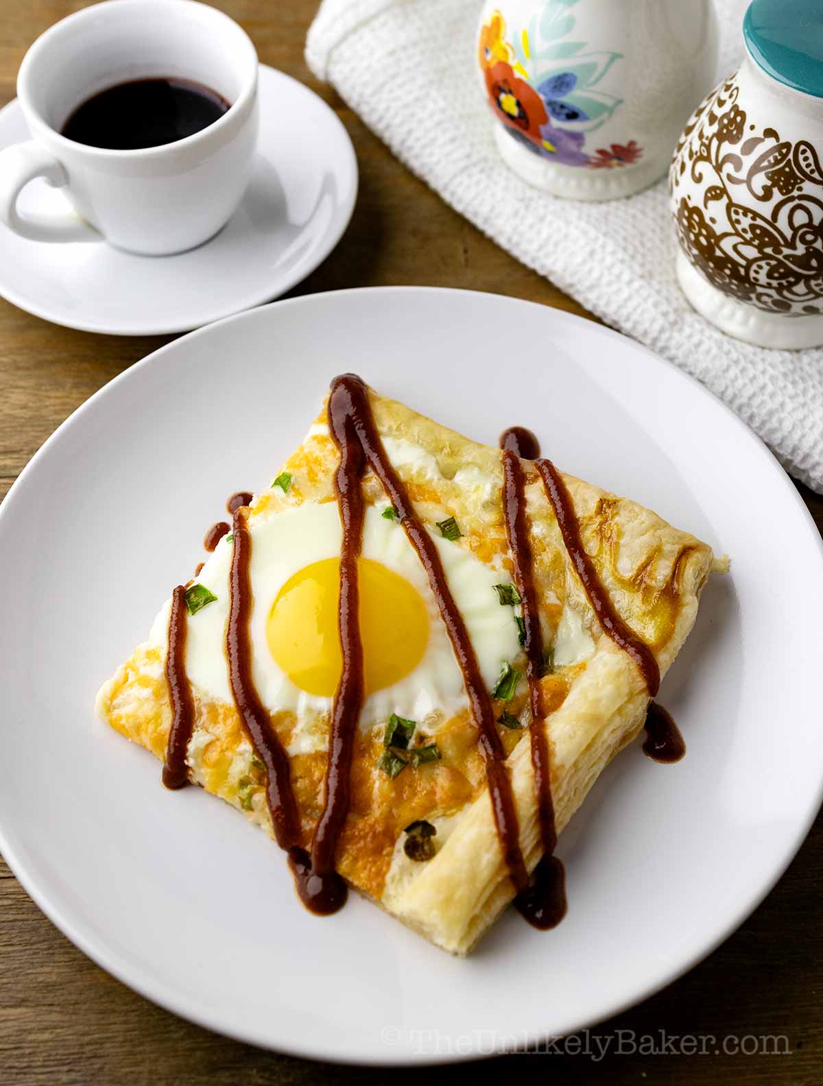 Puff pastry and eggs on a plate.