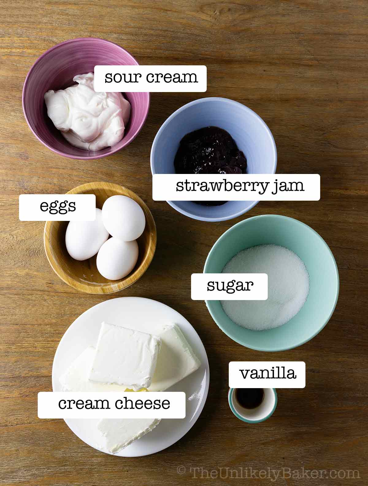 Ingredients needed for strawberry cheesecake filling with text overlay.
