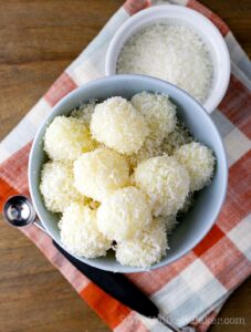 Macapuno balls with condensed milk.
