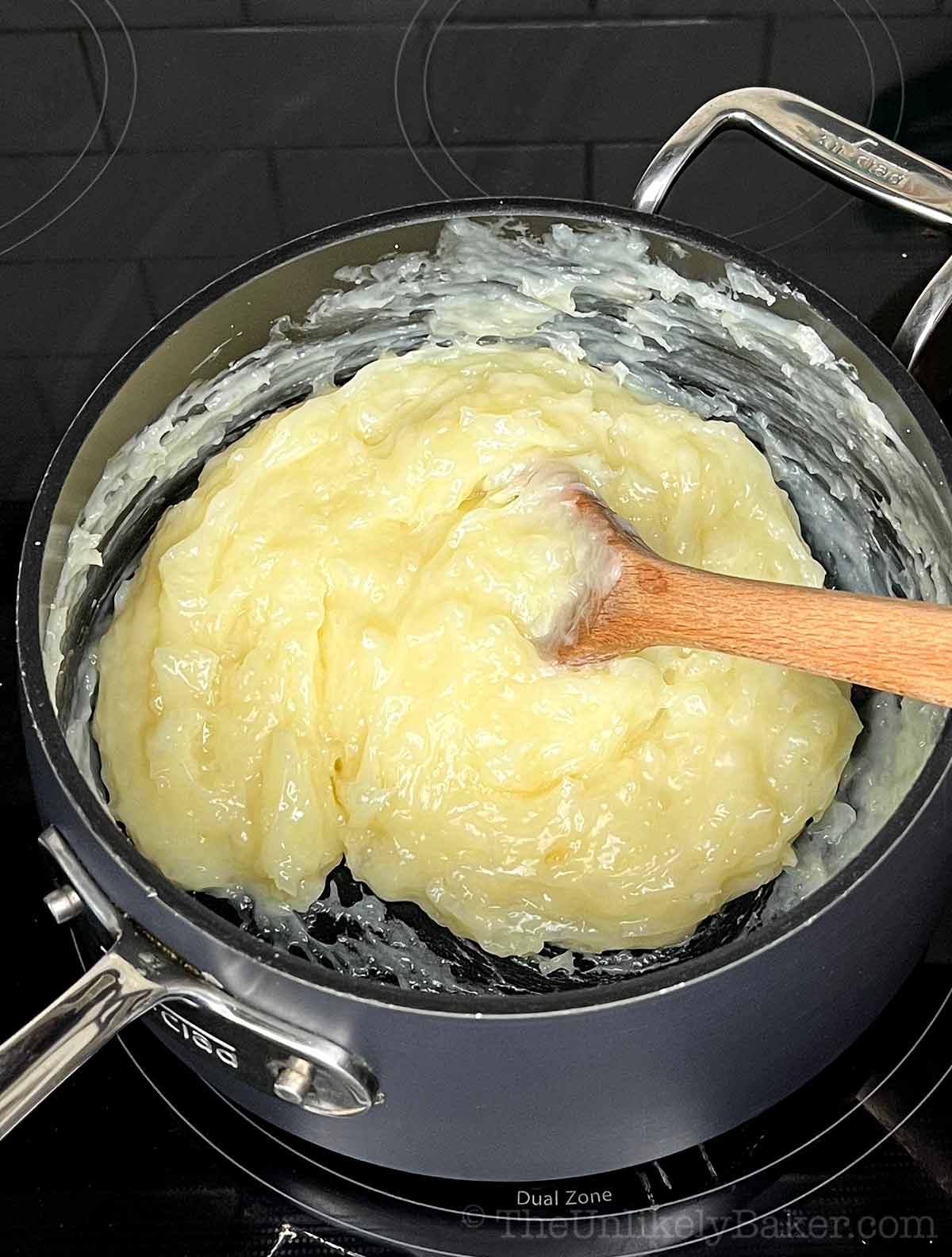 Macapuno candy mixture in a pan.