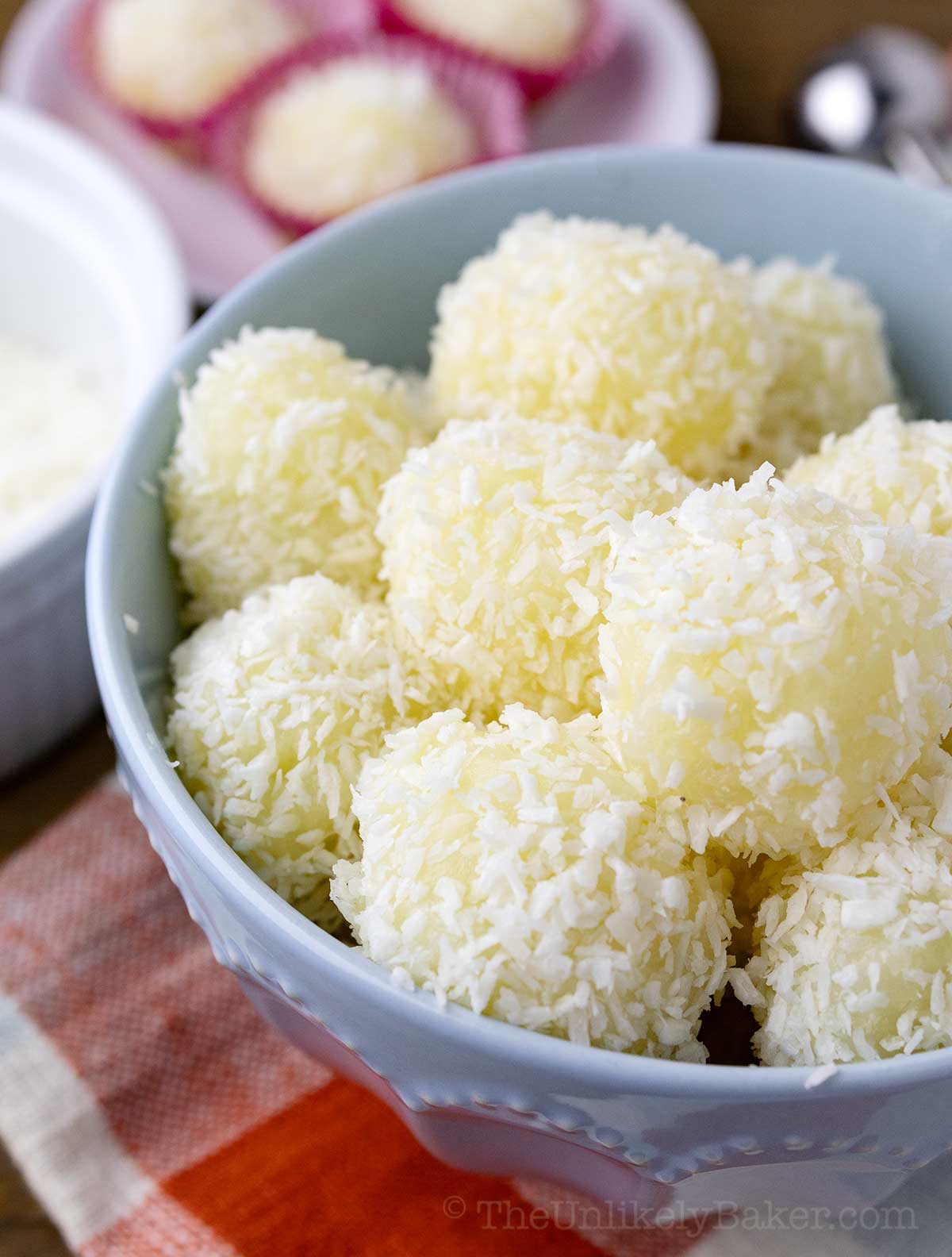 Filipino macapuno coconut balls in a bowl.
