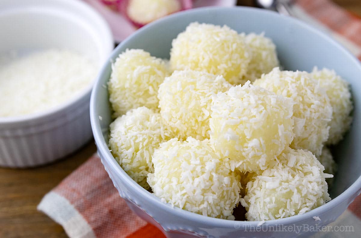 Filipino macapuno coconut balls in a bowl.