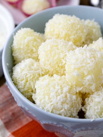 Closeup show of macapuno balls showing texture.