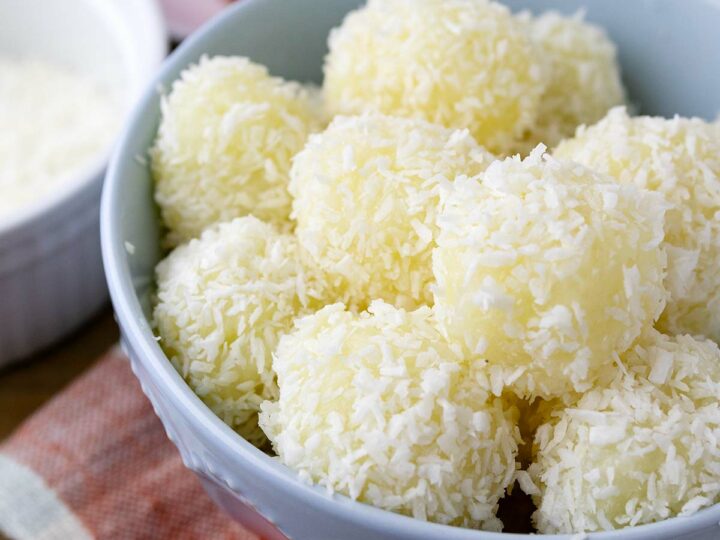 Closeup show of macapuno balls showing texture.