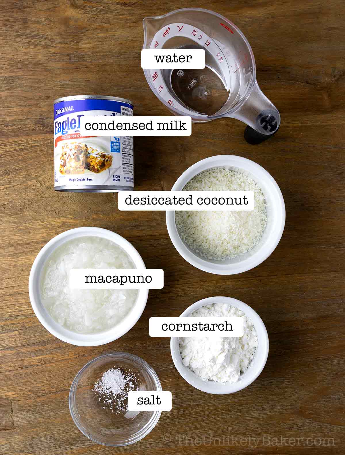 Ingredients for macapuno balls with text overlay.