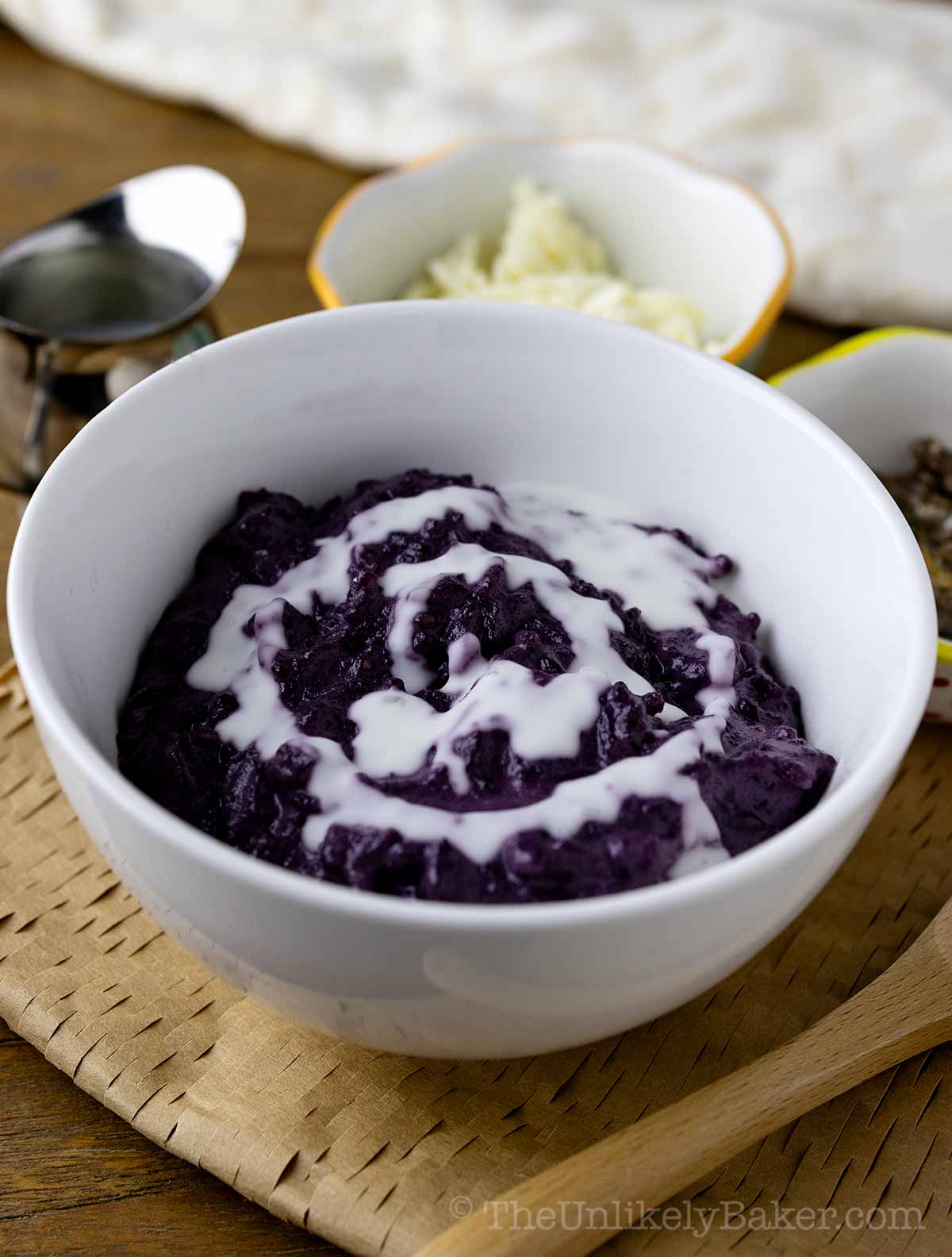 Champorado ube flavor in a bowl.