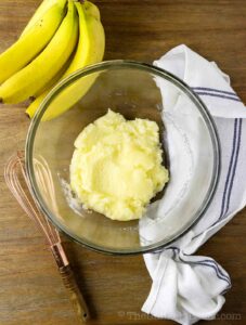 Creamed butter and sugar in a bowl.