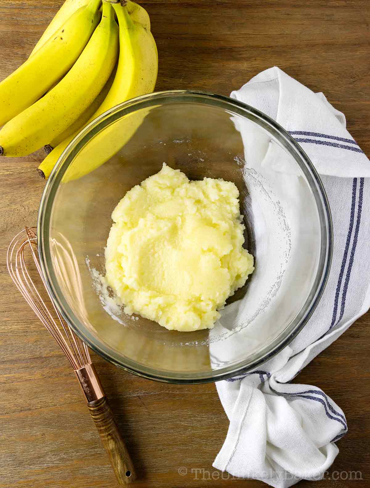 Creamed butter and sugar in a bowl.