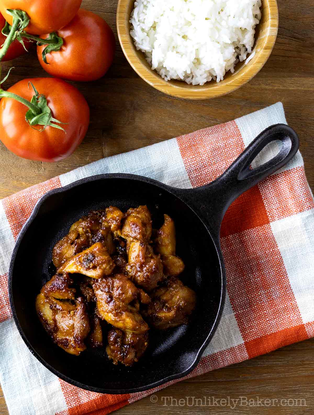 Overhead shot of tocino chicken with a side of rice.