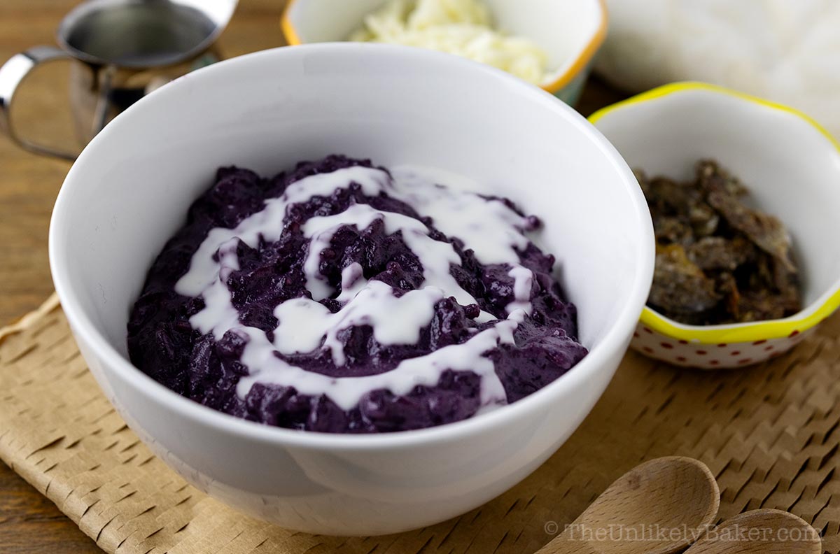 Filipino ube champorado in a bowl.