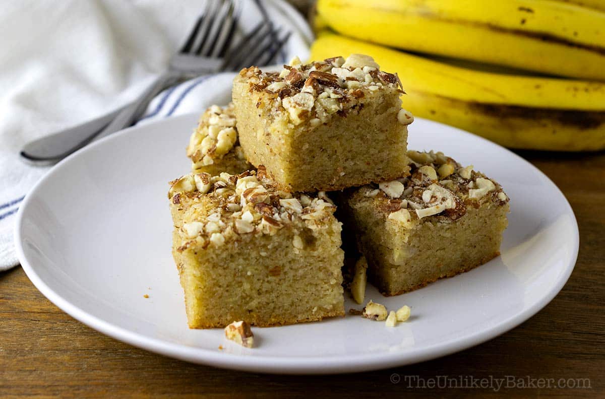 Banana mochi bread slices on a plate.