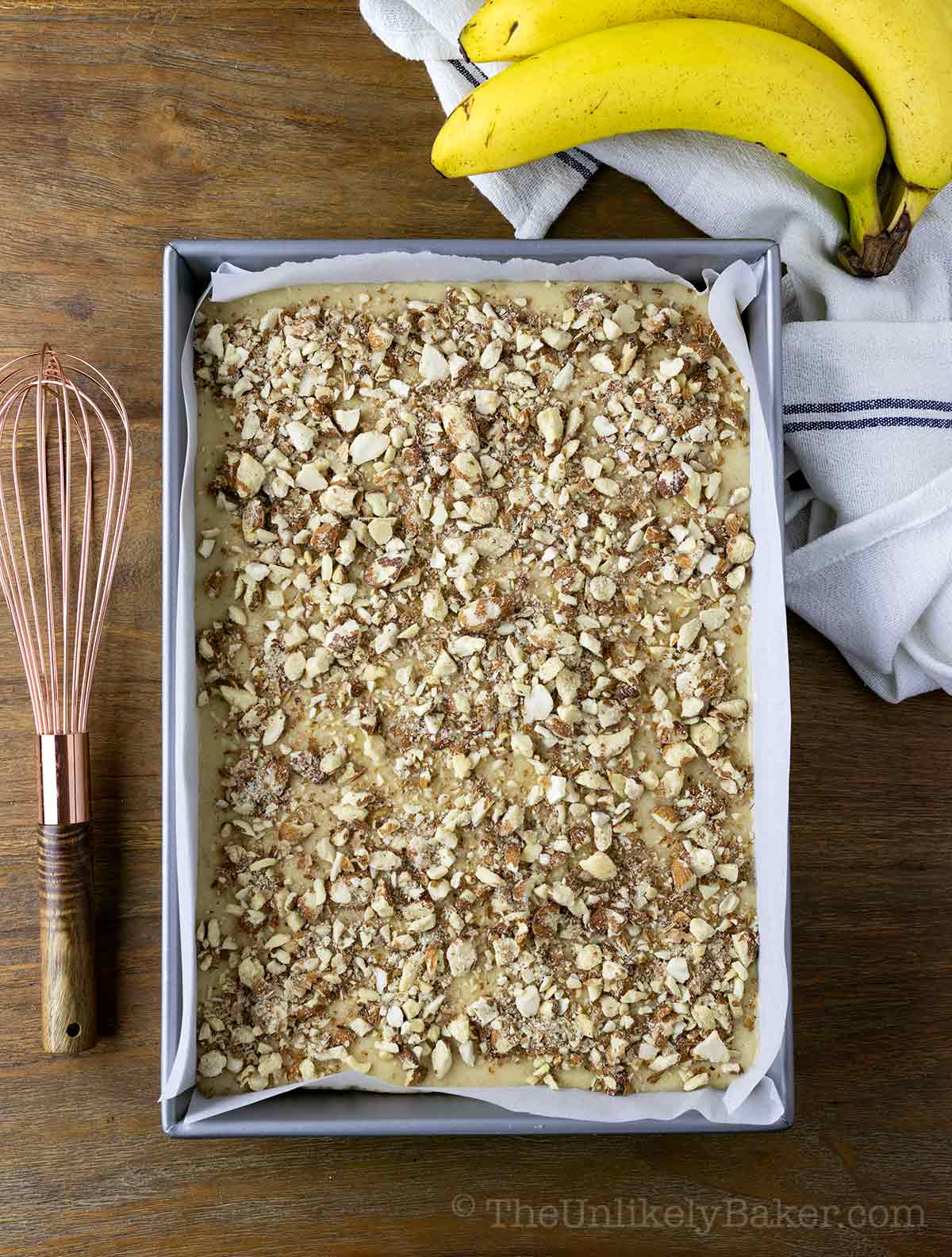 Chopped nuts on top of batter.
