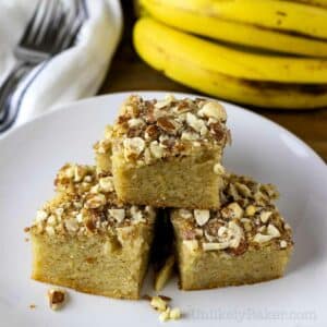 Banana bread mochi slices on a plate.