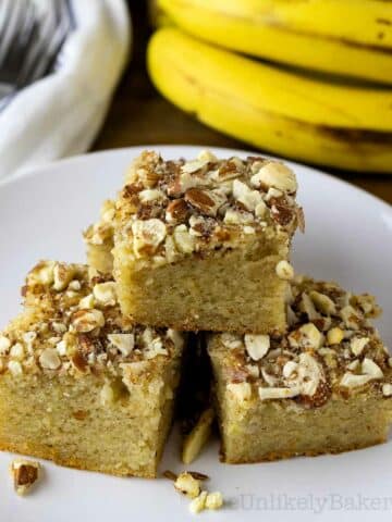 Banana bread mochi slices on a plate.