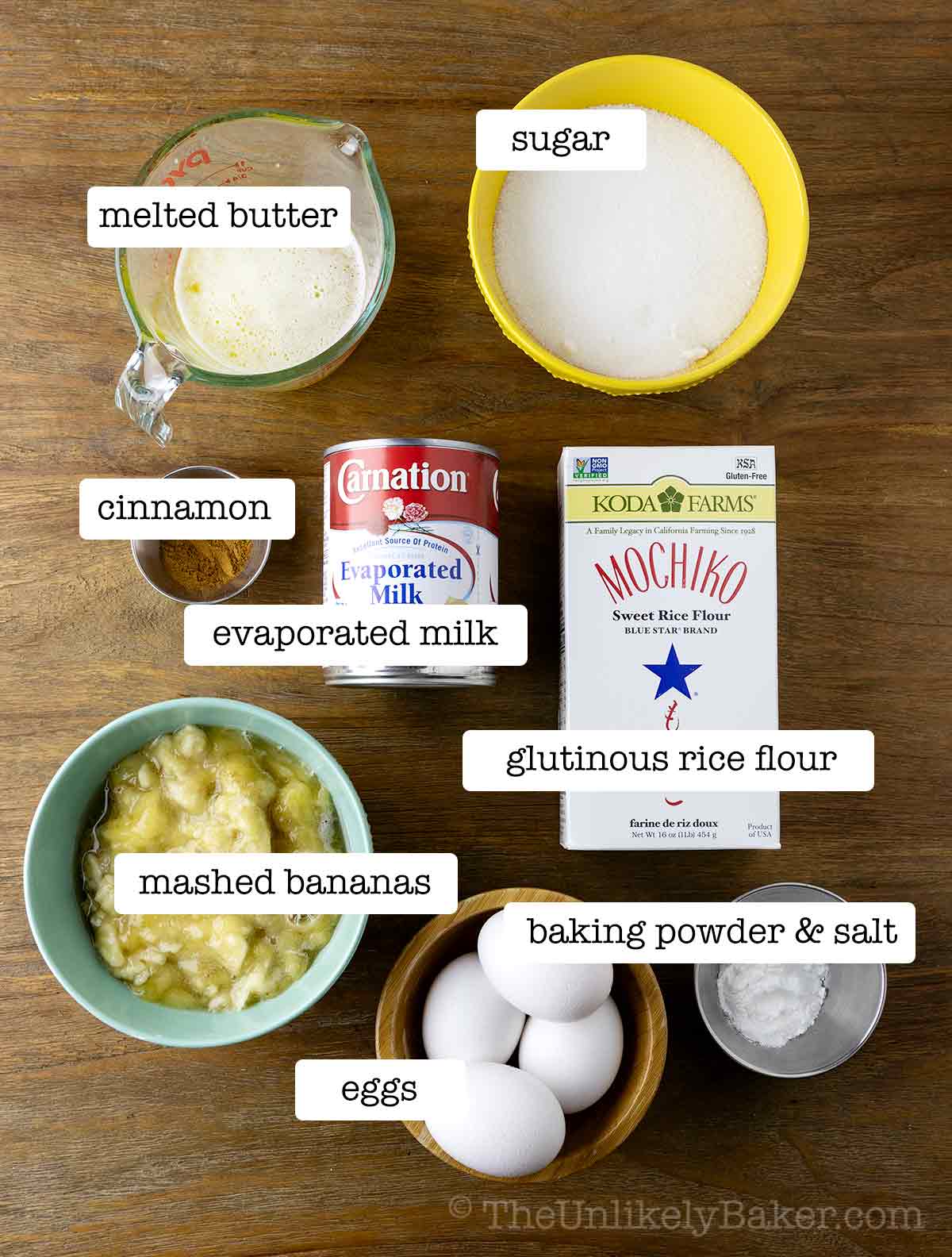 Ingredients for banana bread mochi, with text overlay.