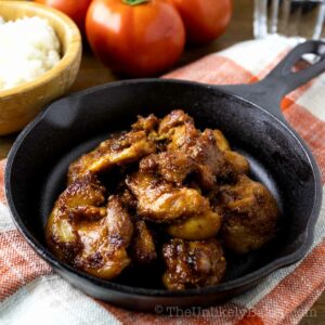 Chicken tocino in a skillet pan.