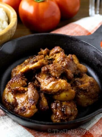 Chicken tocino in a skillet pan.