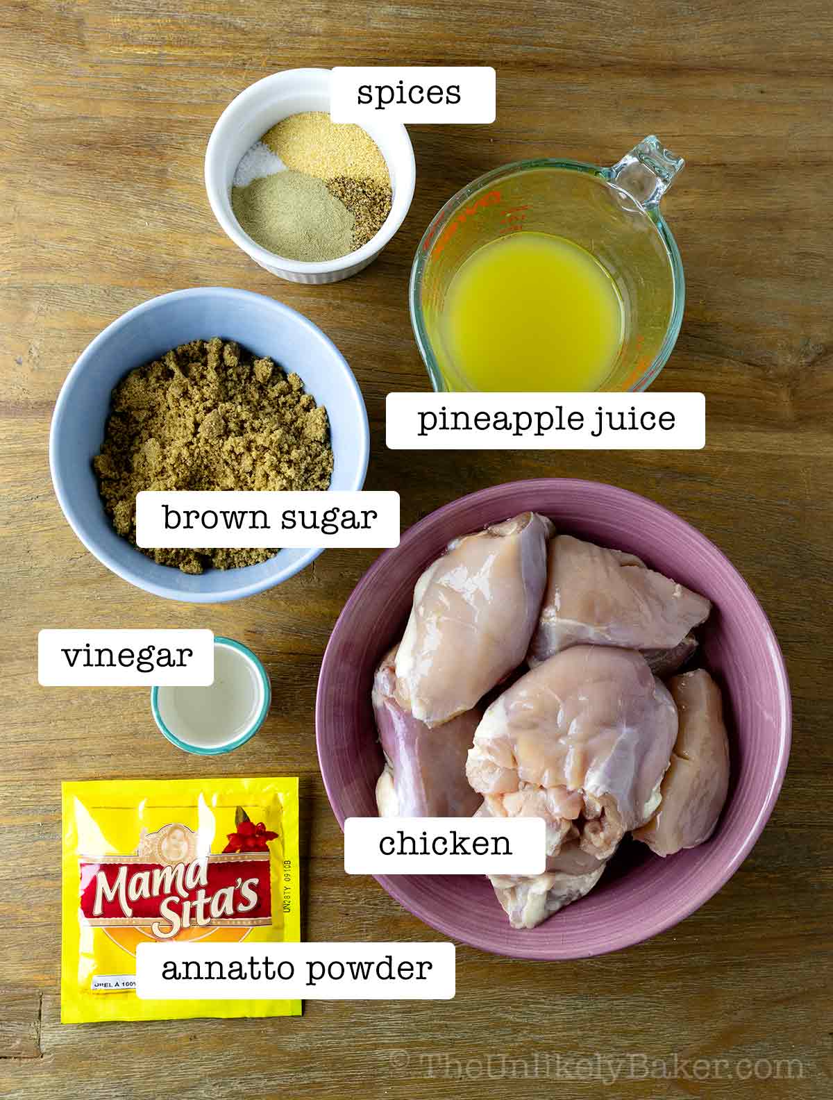 Chicken tocino ingredients with text overlay.