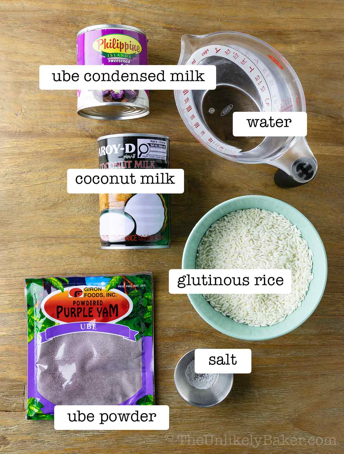 Ingredients of ube champorado with text overlay.